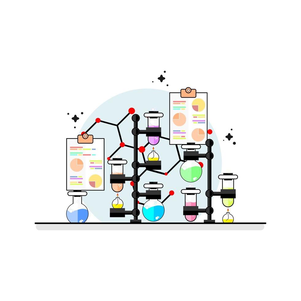 Diseño plano de laboratorio con concepto de siete tubos de ensayo y dos documentos. vector