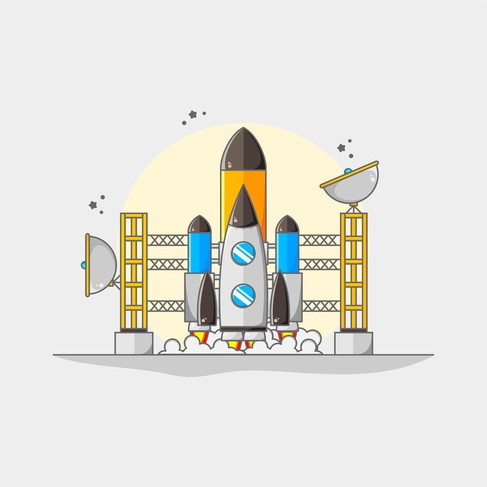 Illustration rocket launch two antena and two tower beside vector