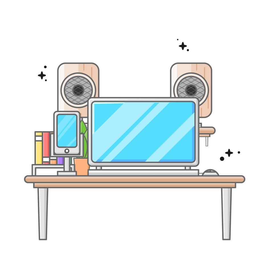illustration laptop on the table and mobile device with sound vector