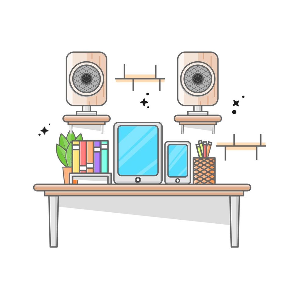 two mobile device with two sound system in above  books flower vas vector