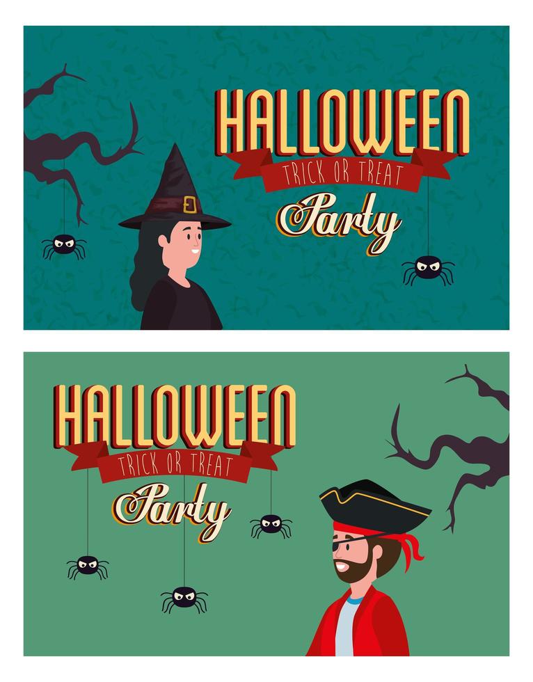 set poster of halloween party with disguised people vector