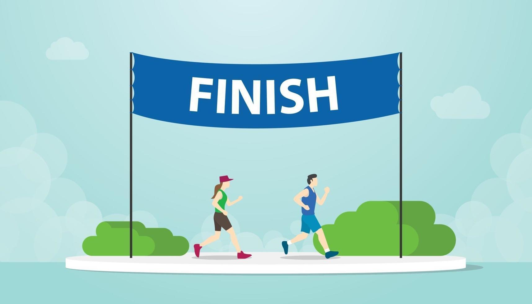 marathon run with men and woman running on finish banner vector