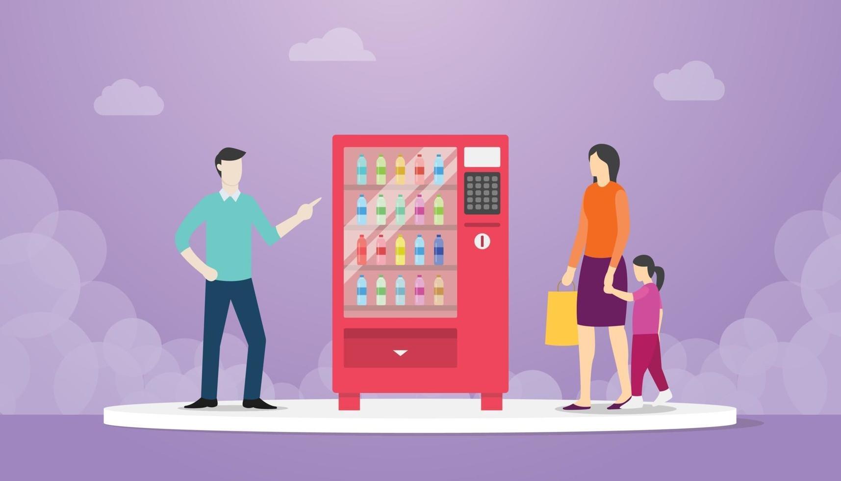 vending machine with food drink bottle with man and woman people vector
