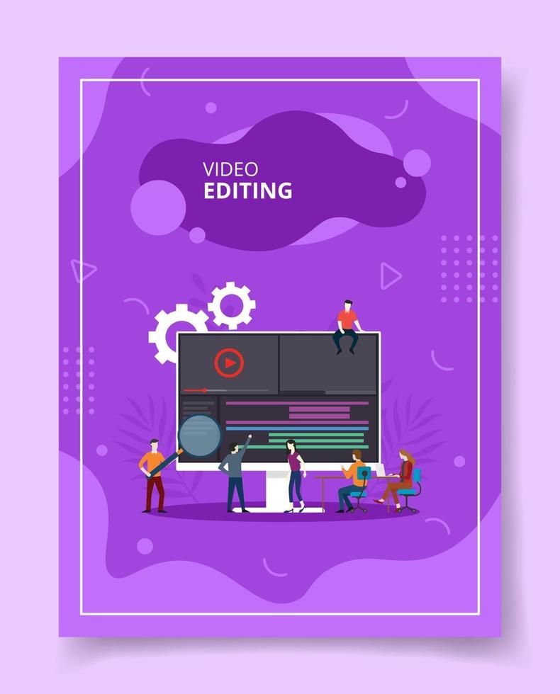 video editing people coworking on computer for template of banners vector