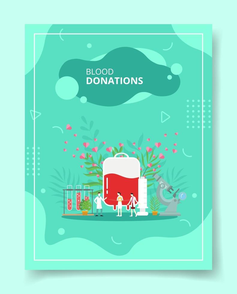 blood donation people standing front blood pack for template vector