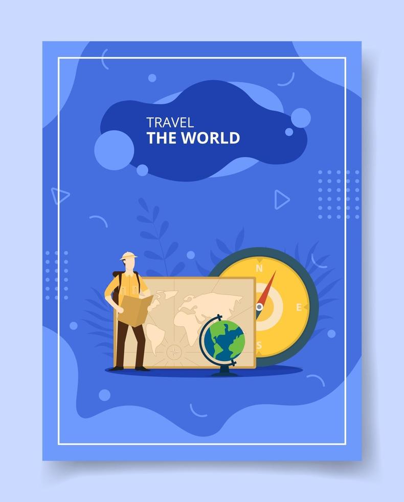 travel the world men standing nearby world map compass vector