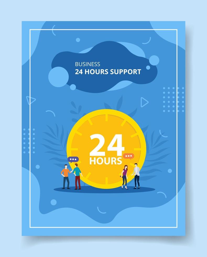 business 24 hour support people talking chat front big clock vector