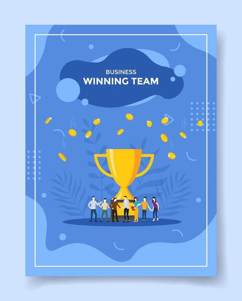 business winning team people front big trophy coin fall vector