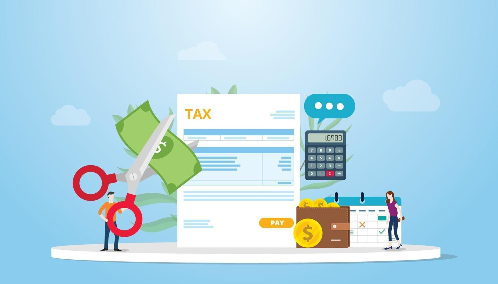 tax deduction or reduction concept with people cutting money vector