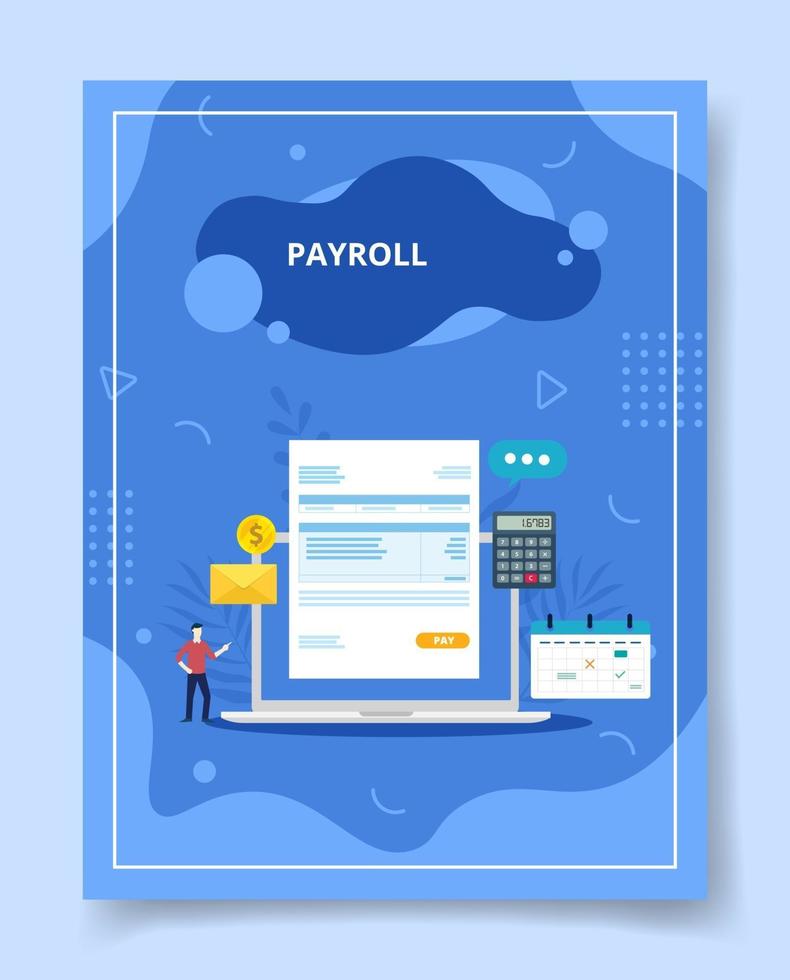 payroll in display laptop screen men standing nearby for template vector