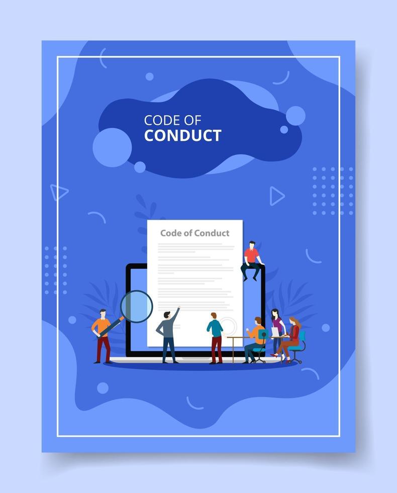 code of conduct people standing sitting front big laptop vector