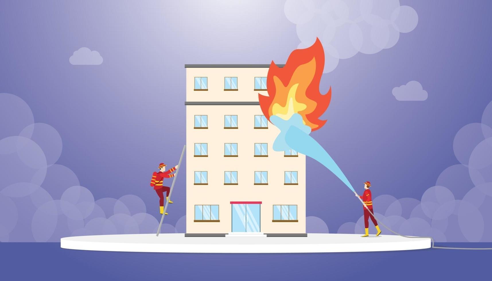 firefighter team work on fire building with water splash concept vector