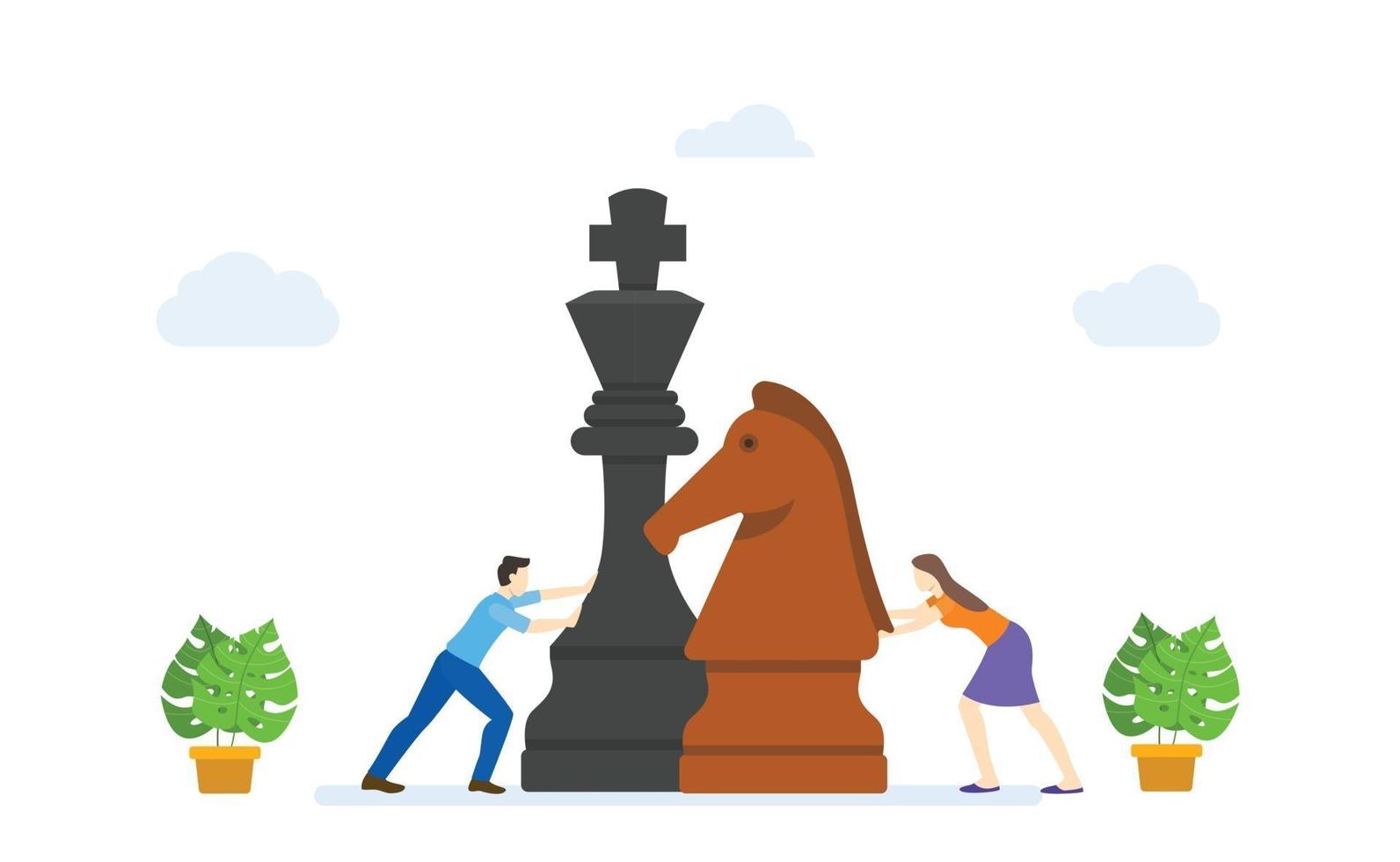 Men and women play big chess pieces concept strategy business vector