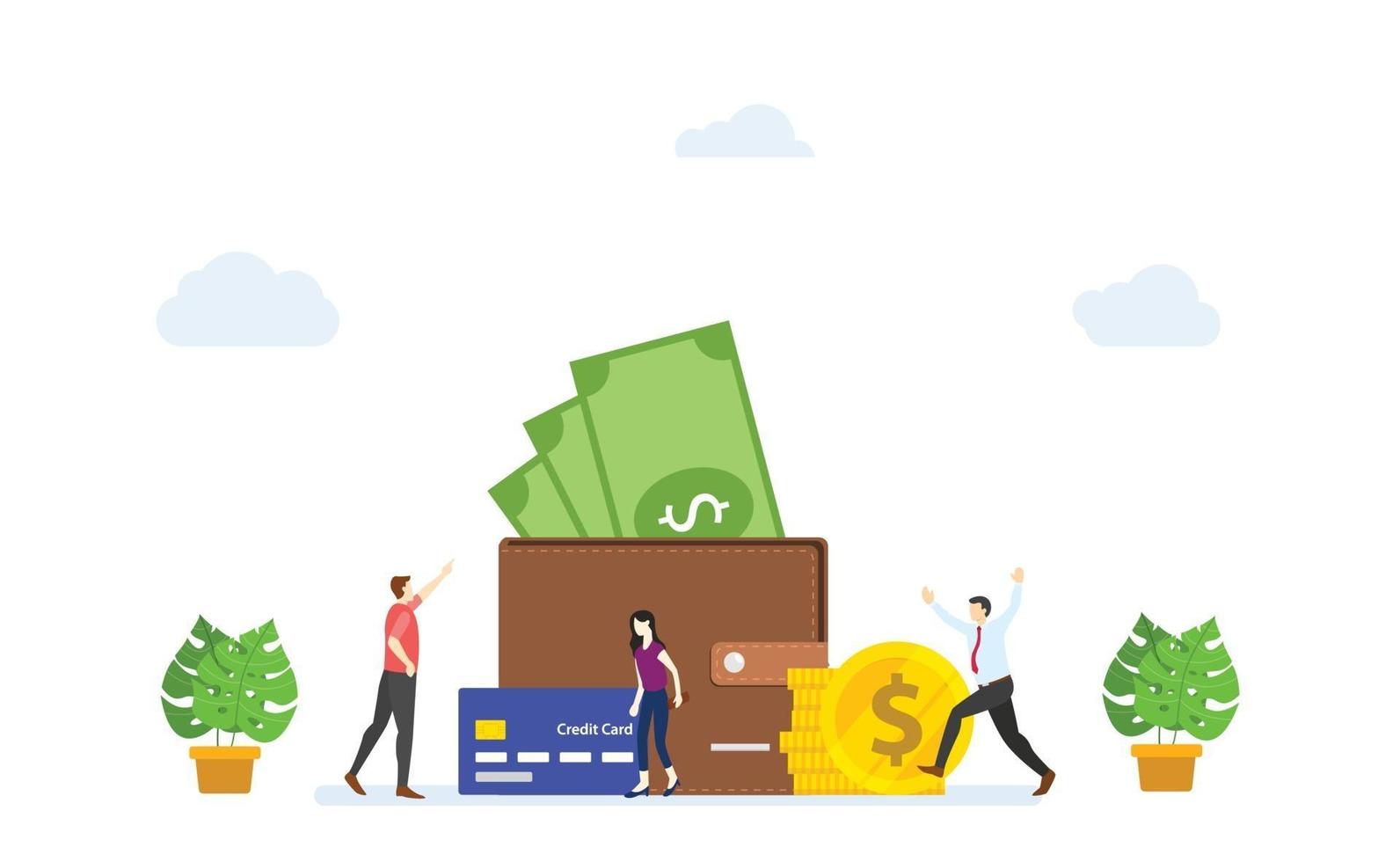 people happy in front of large wallet filled money. concept vector