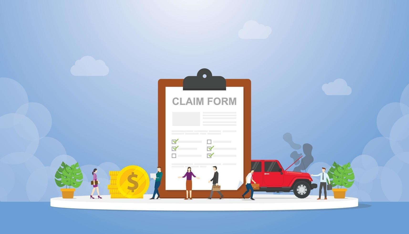 claim form on the clipboard with team people and car crash vector