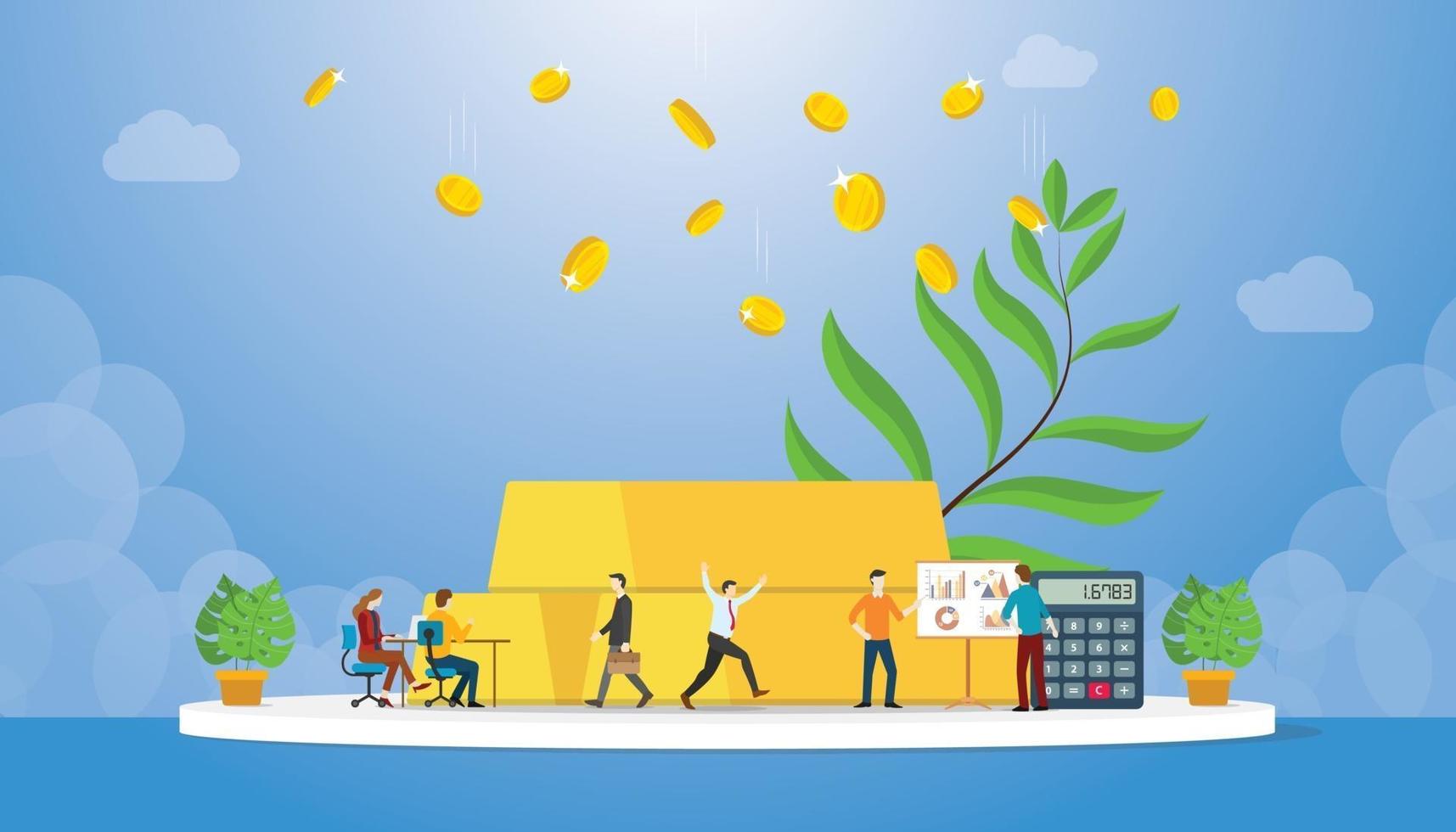 gold investment with gold bar and coin profit with growing tree vector