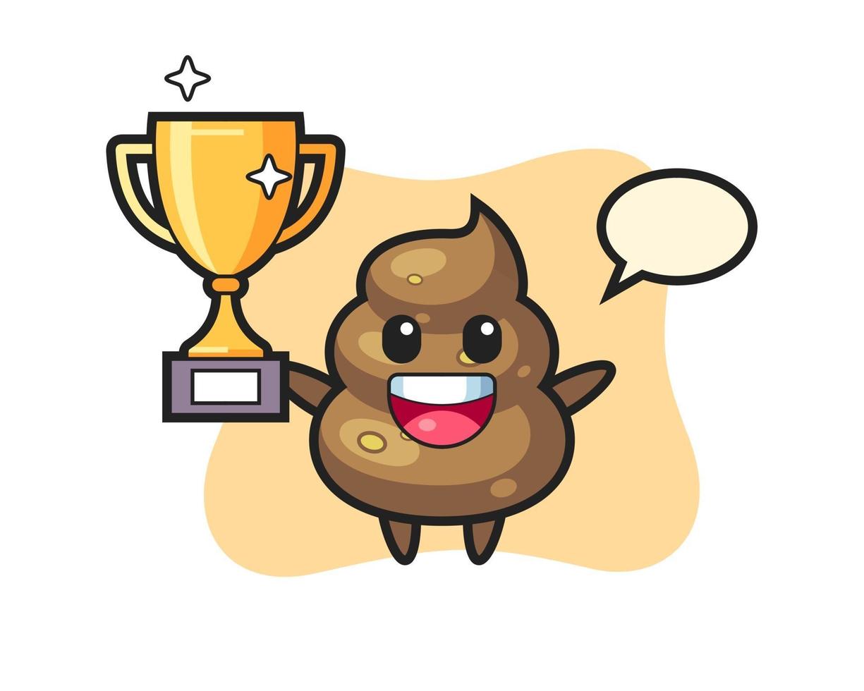 Cartoon Illustration of poop is happy holding up the golden trophy vector