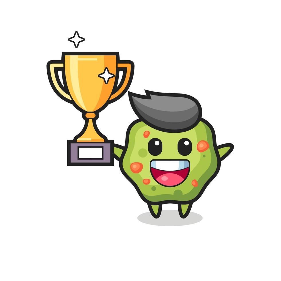 Cartoon Illustration of puke is happy holding up the golden trophy vector
