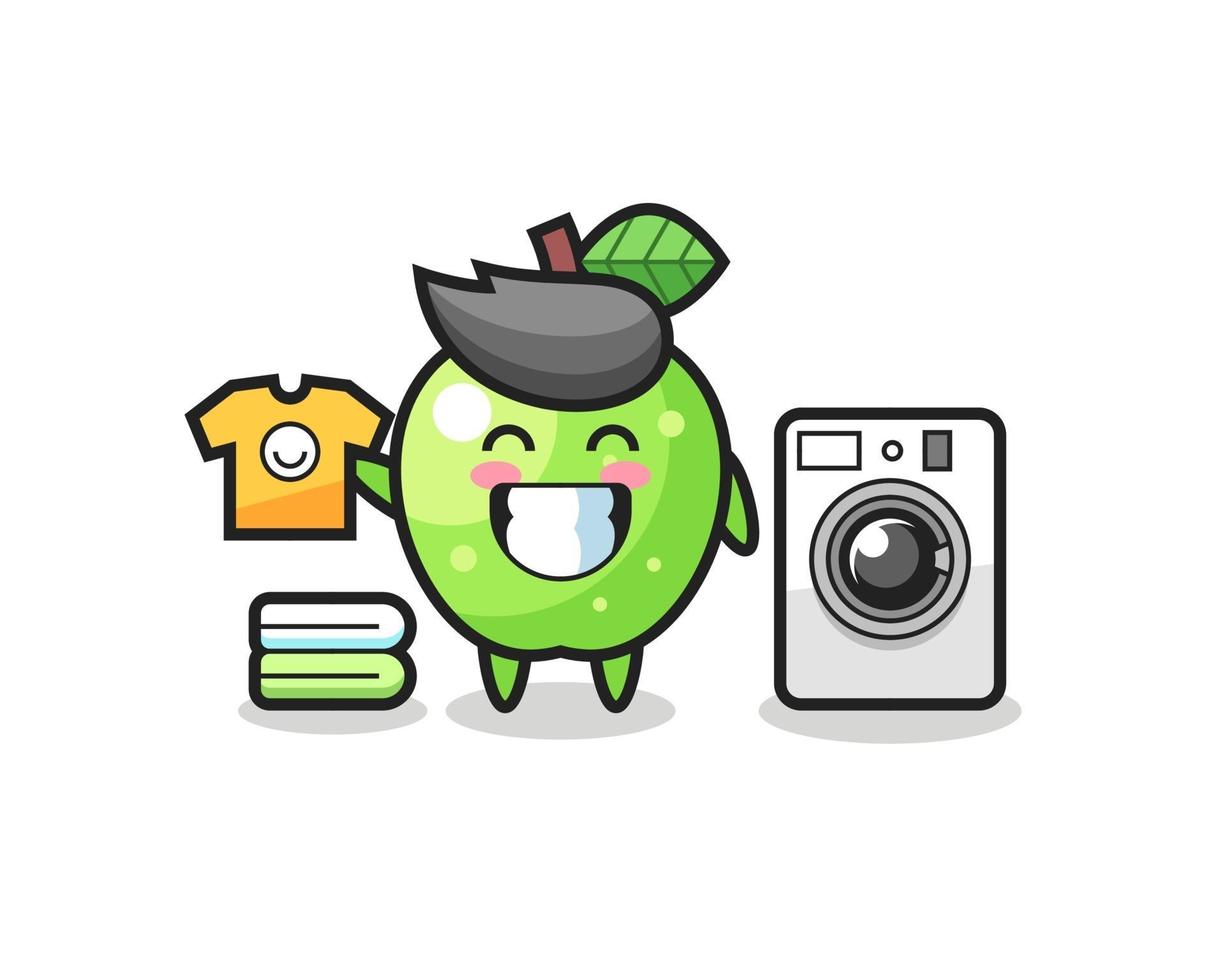 Mascot cartoon of green apple with washing machine vector