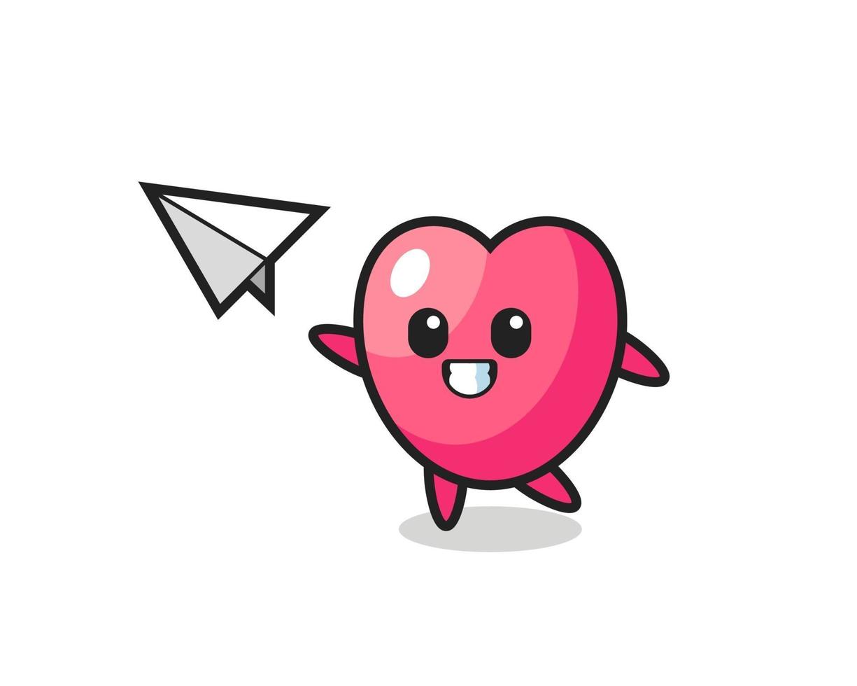 símbolo del corazón personaje de dibujos animados lanzando avión de papel vector