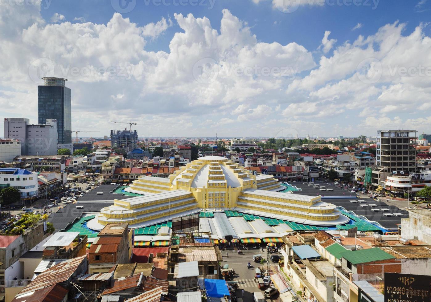 View of central market famous urban landmark in Phnom Penh city Cambodia photo
