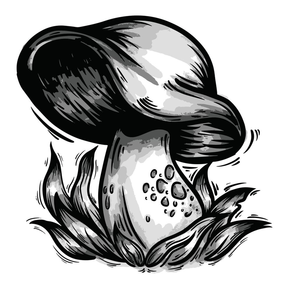 black and white mushroom vector illustration with shadow