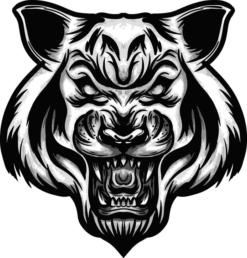 black and white illustration of angry tiger head with shadow effect vector