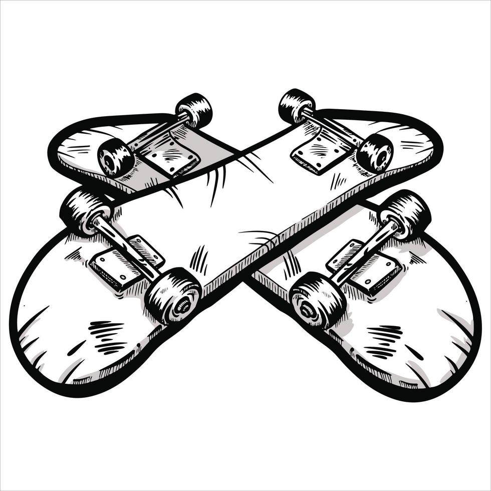 hand drawn skateboard illustration in black and white vector