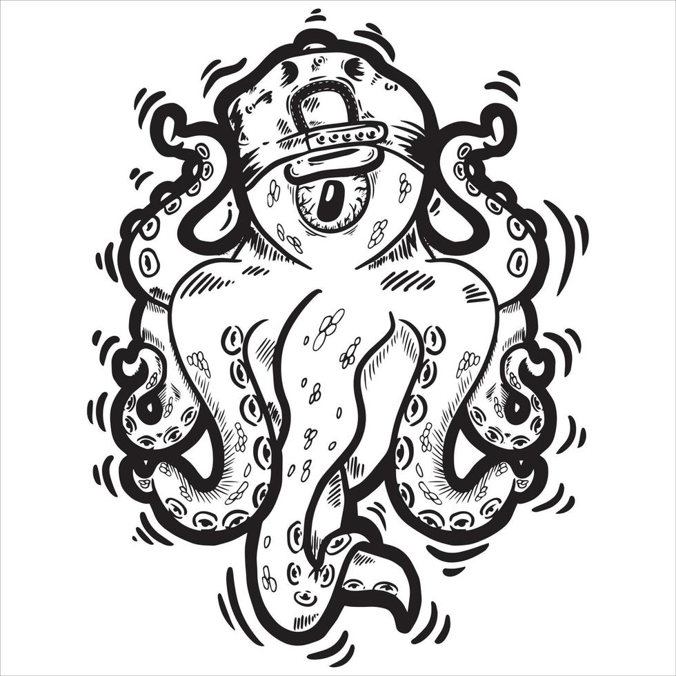 Ilustración de vector de pulpo dibujado a mano en blanco y negro