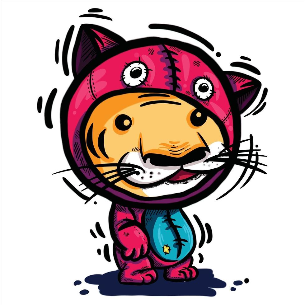 cartoon hand drawn illustration cute cat wearing costume jacket vector