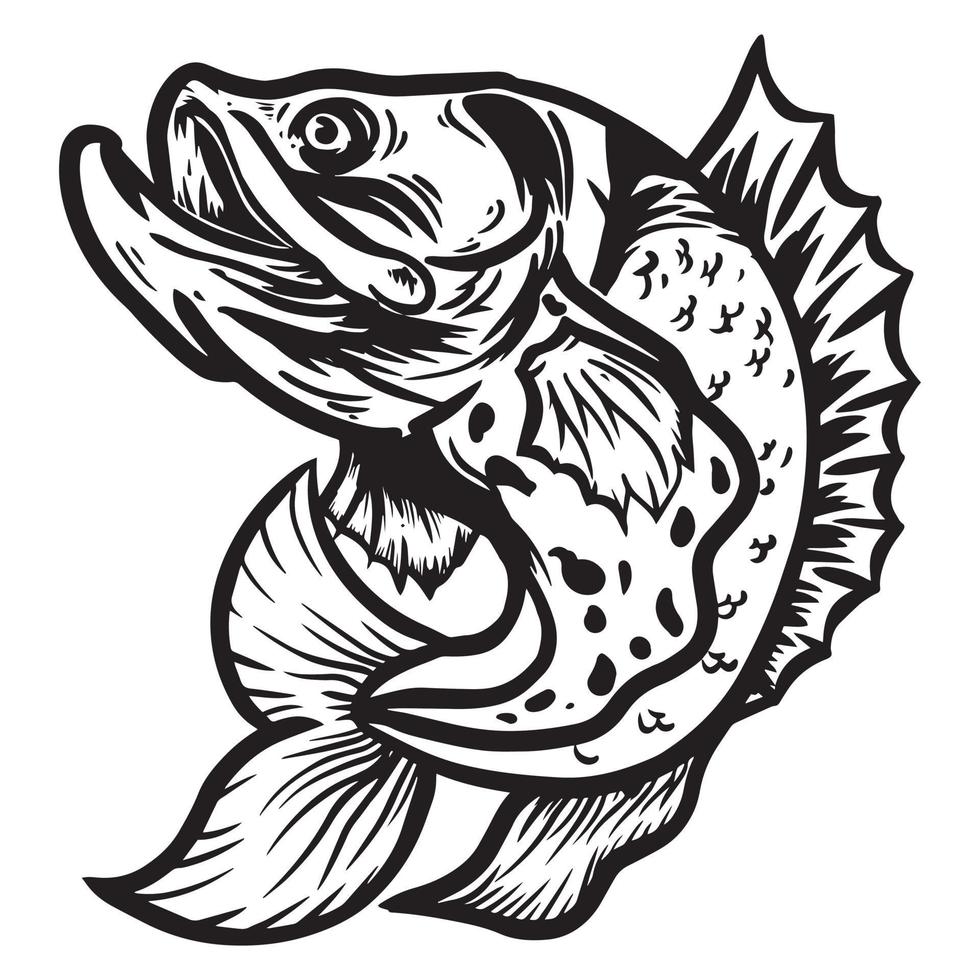 black and white illustration hand drawn fish jumping vector