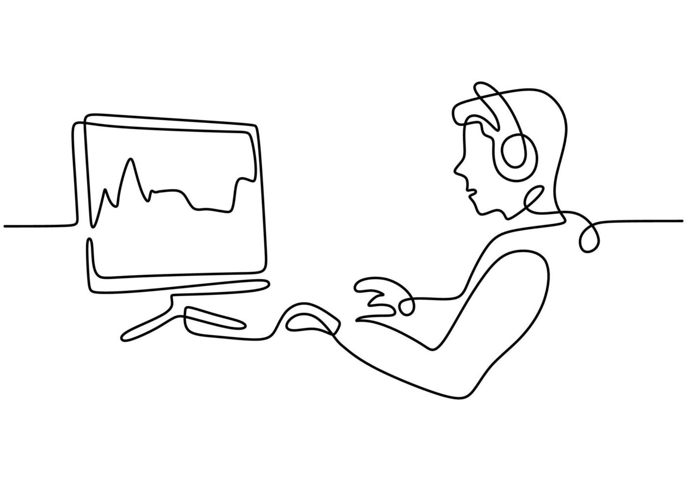 continuous line drawing of man sitting with laptop computer vector