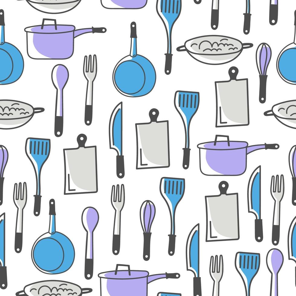 Kitchen utensil and appliance cartoon seamless pattern vector