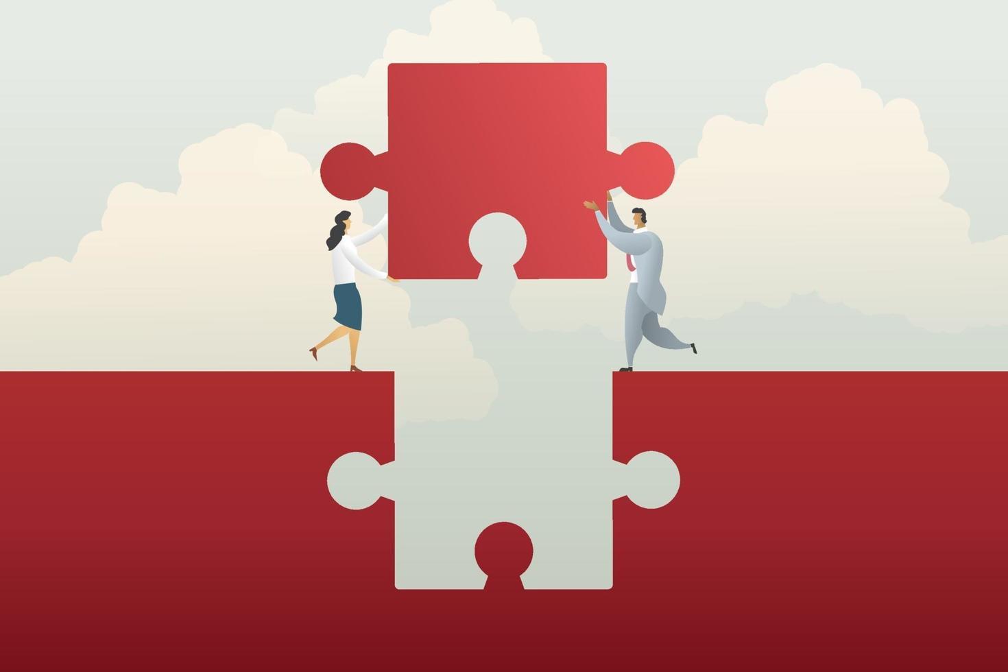 Business teamwork cooperation, holding jigsaw puzzle connect red way. vector