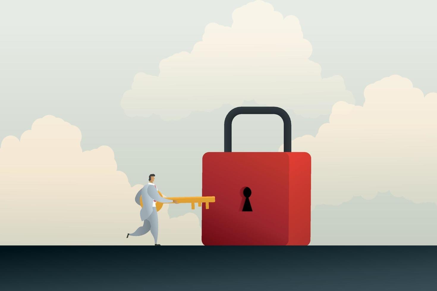 Businessman unlock padlock with key golden. vector