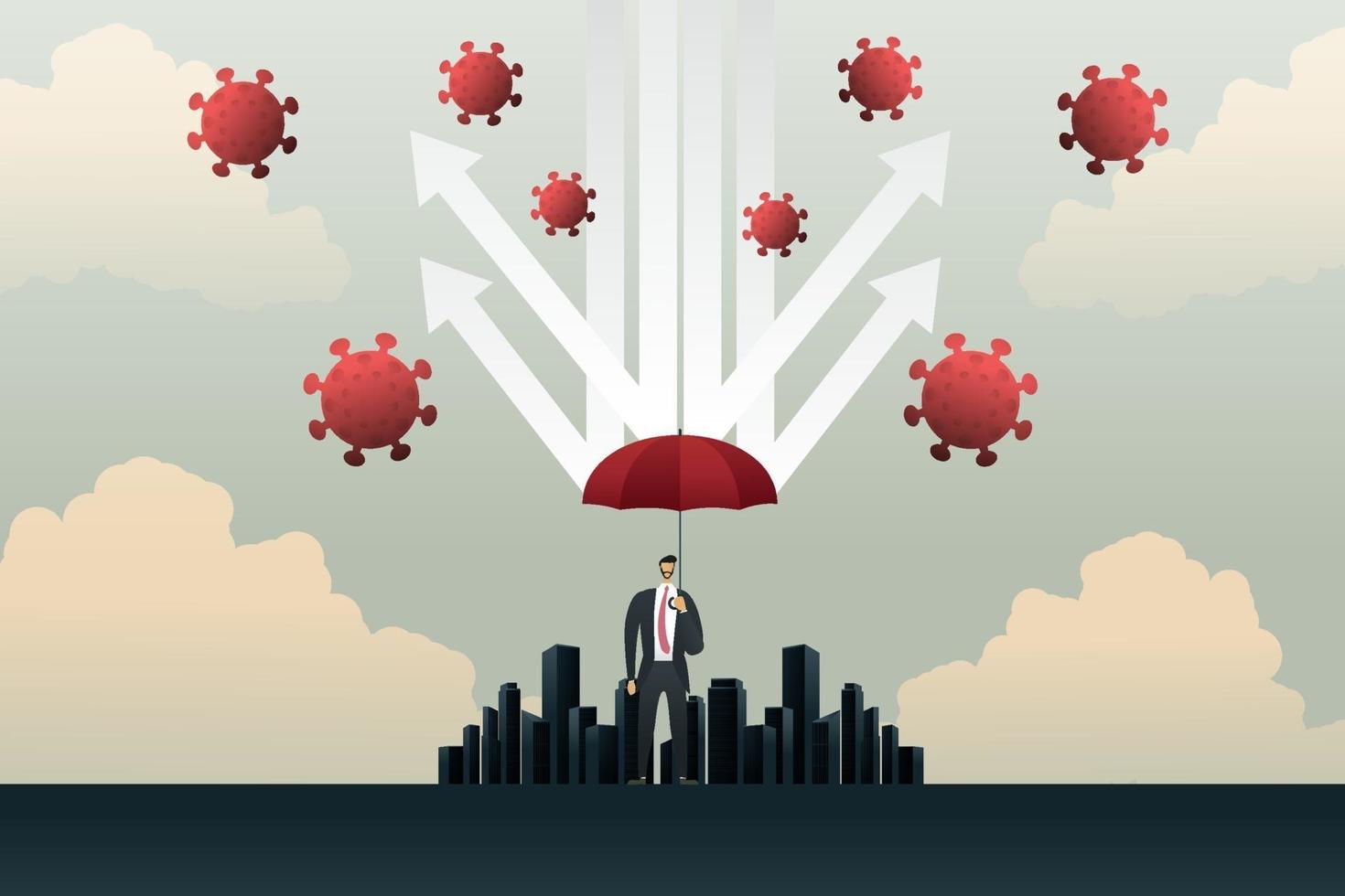 Businessman protecting arrows rain of Coronavirus in city vector