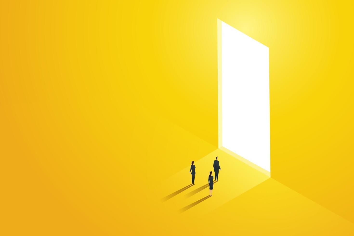 Three businessmen stood in front of a huge door shining in the light vector