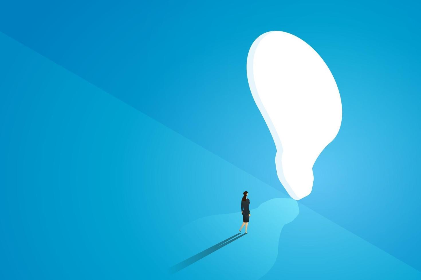 Businesswoman stands in front of a large door with a bright lightbulb. vector
