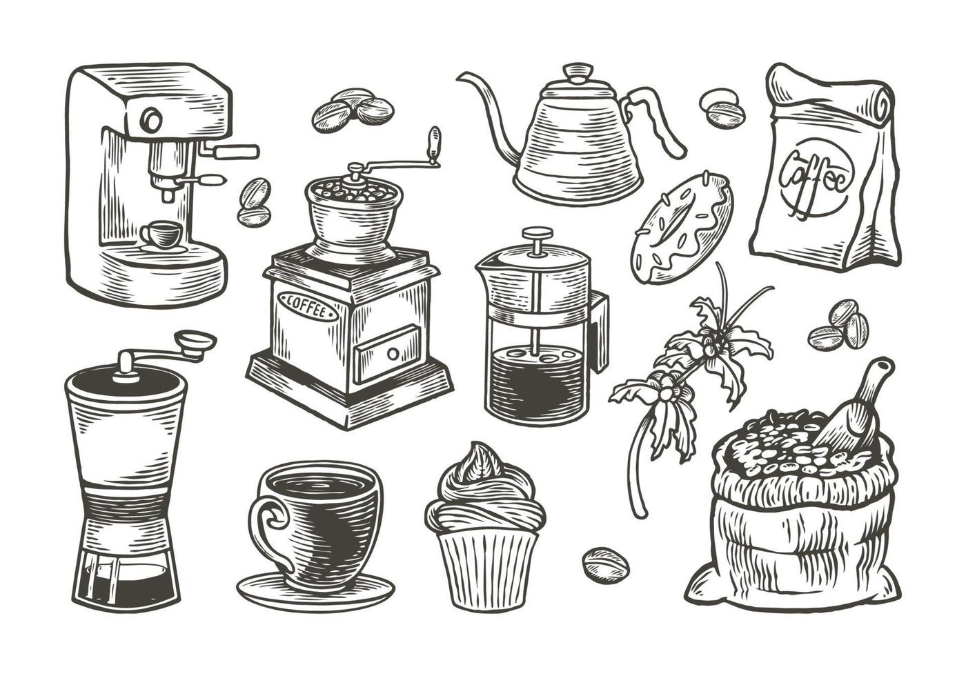 Hand drawn Coffee set with vintage engraving style vector