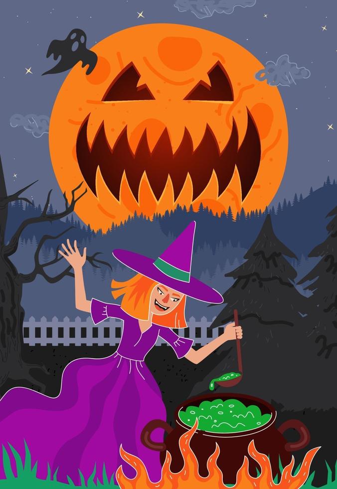 Witch brews magic poisonous in cauldron in night forest vector