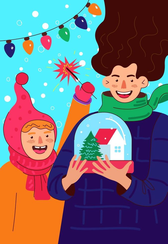 Happy mom and daughter or son celebrates New Year and Merry Christmas vector