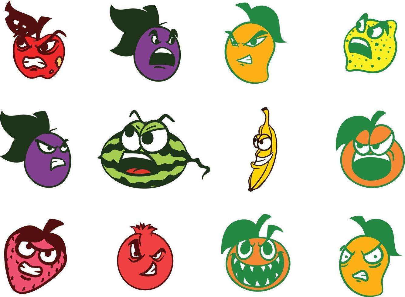 malvadas frutas y verduras enojadas para espeluznante y aterrador halloween pegatinas vector