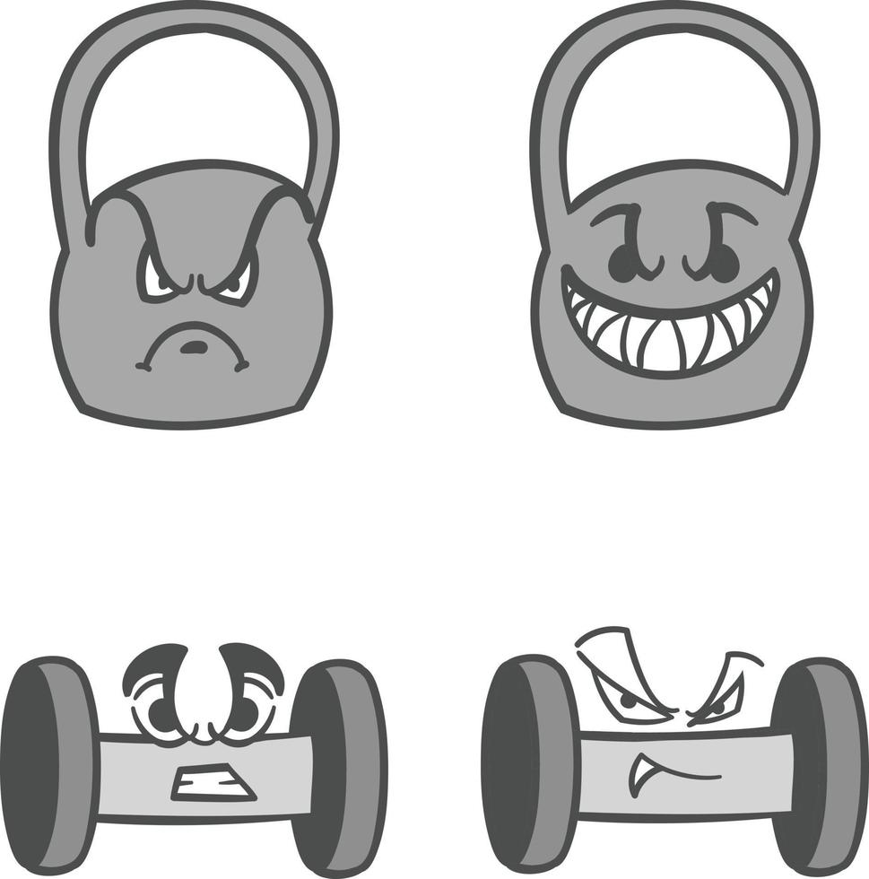 Set of angry Dumbbells and Barbell Exercise Equipment vector