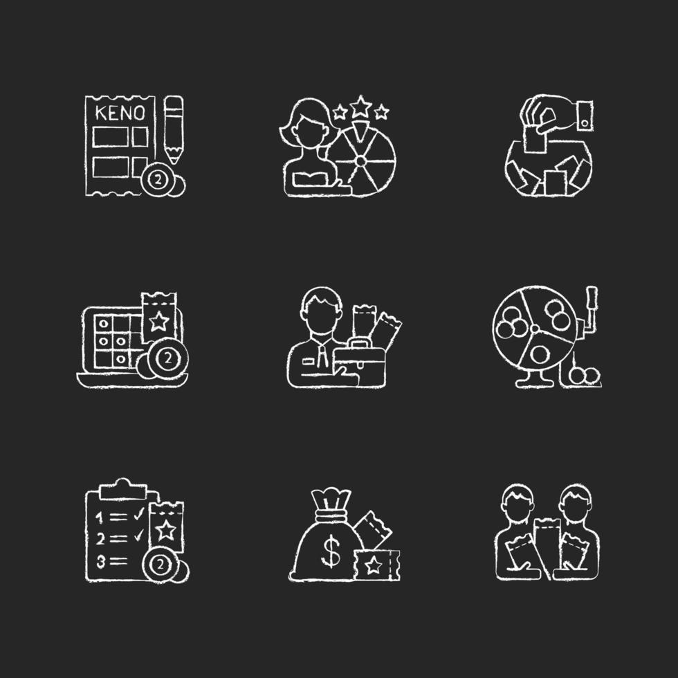 Gambling game types chalk white icons set on dark background vector
