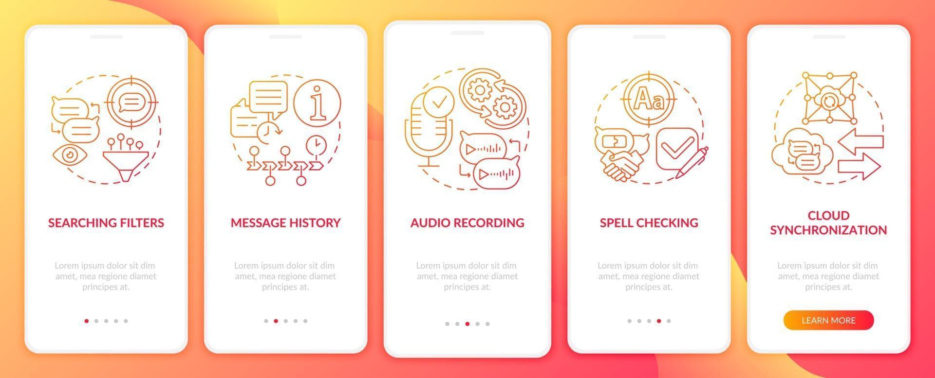 Best messaging feature red onboarding mobile app page screen vector