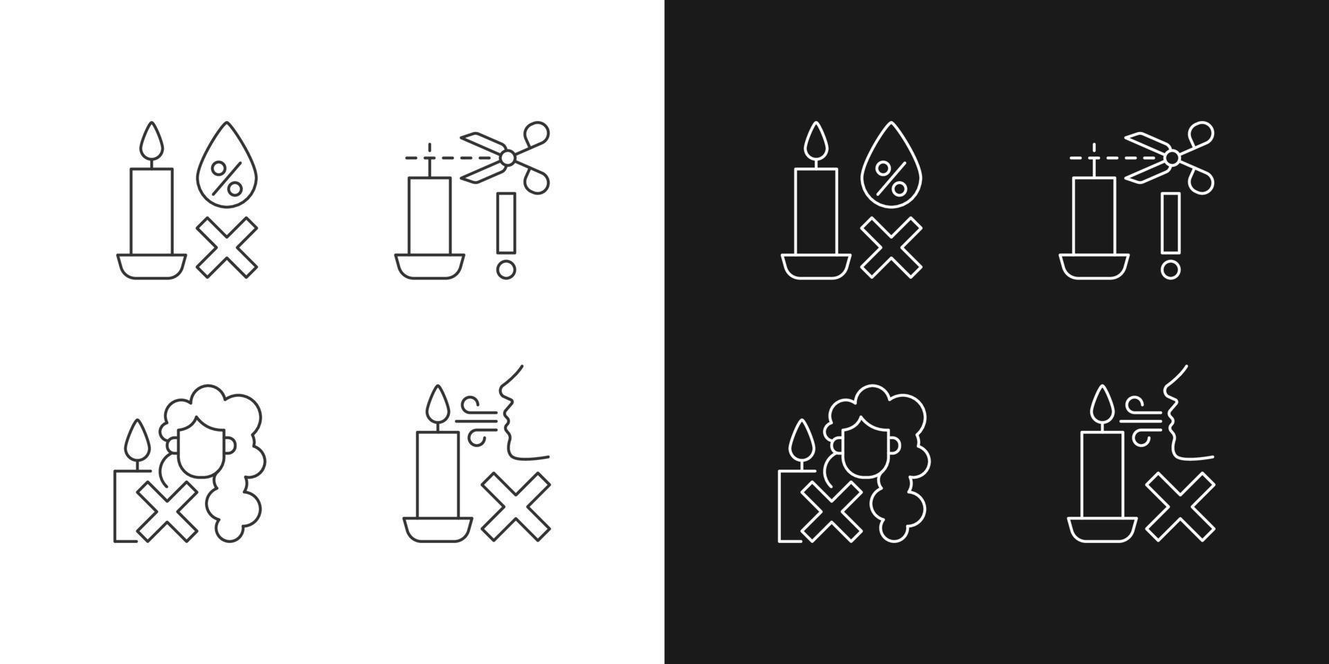 Iconos de etiquetas lineales de advertencia de seguridad de velas configurados para modo oscuro y claro vector