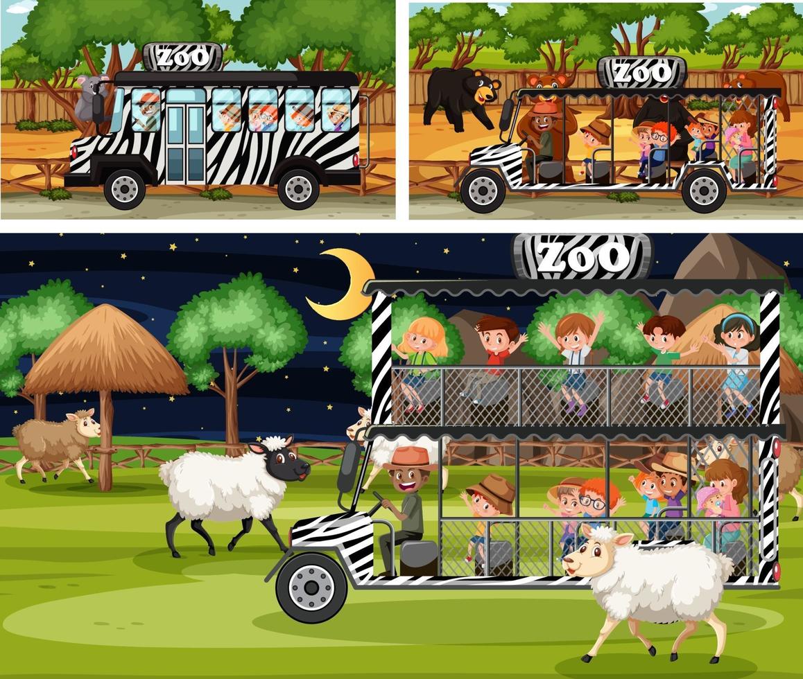 Different safari scenes with animals and kids cartoon character vector