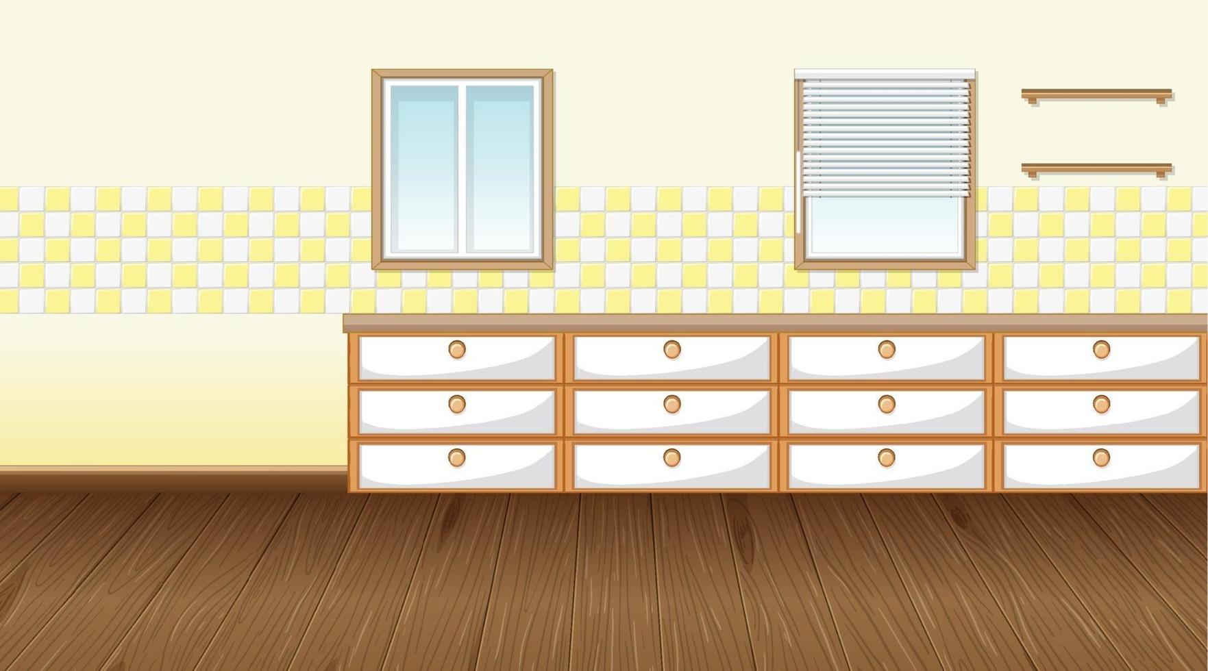 Empty kitchen room with counter cabinet and parquet floor vector