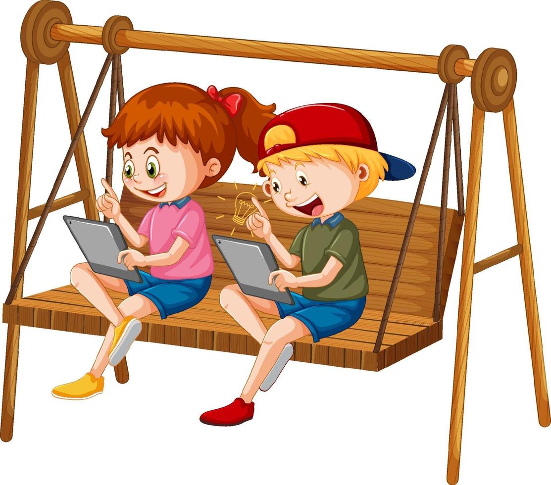 Kids leaning online with tablet on swing chair vector