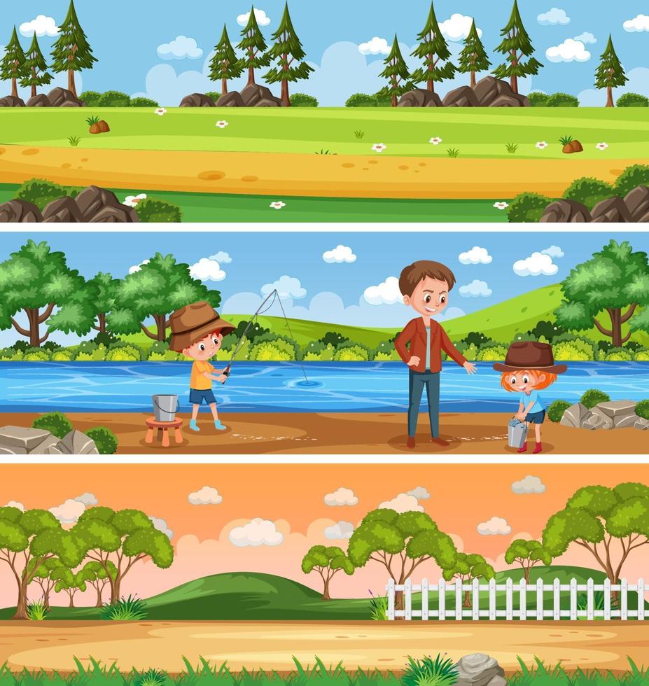 paisaje de naturaleza diferente en la escena diurna con personaje de dibujos animados vector